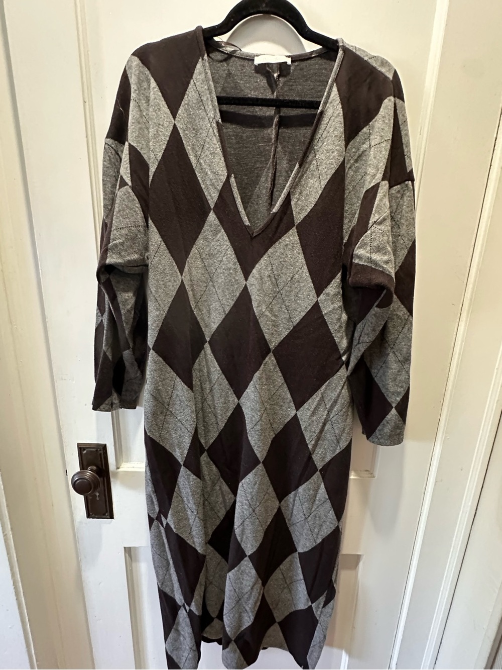Zara Gray and Brown Argyle V-Neck Knit Dress